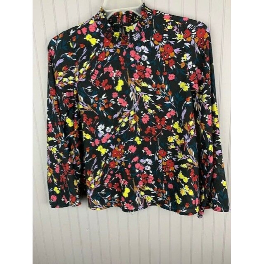 Allison Joy Size S Womens Top Long Sleeve V Neck Gathered Neckline Black Floral